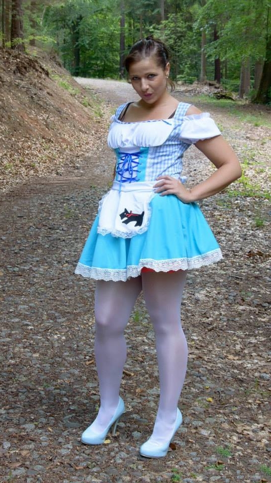 Brunette Lolita wearing White Opaque Shiny Pantyhose and Blue Stilettos